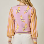 floral knit cardigan, lilac cardigan sweater, zip front cardigan women, spring lightweight cardigan
