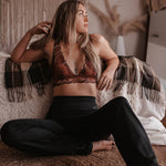 women's brown lace bralette, chocolate brown bralette, brown lace bra, lace bralette women, deep v lace bralette, scalloped lace bralette, stretch lace bralette, layering bralette, bralette under sweater, bralette for low cut tops, fall layering bralette, brown lingerie bralette, boho lace bralette, western layering top, western women's clothing, chocolate brown fall clothing, women's boutique bralette, east tennessee boutique, west of may boutique