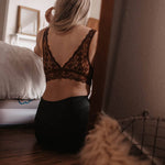 women's brown lace bralette, chocolate brown bralette, brown lace bra, lace bralette women, deep v lace bralette, scalloped lace bralette, stretch lace bralette, layering bralette, bralette under sweater, bralette for low cut tops, fall layering bralette, brown lingerie bralette, boho lace bralette, western layering top, western women's clothing, chocolate brown fall clothing, women's boutique bralette, east tennessee boutique, west of may boutique
