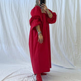 handmade maxi dress, recycled fabric dress, sustainable clothing, natural fiber dress, plus size dress, wedding guest dress, johnson city dress, johnson city boutique, made in oregon, woman owned business, red dress, fourth of july dress, maternity dress, memorial day dress, red flowy dress, off shoulder dress