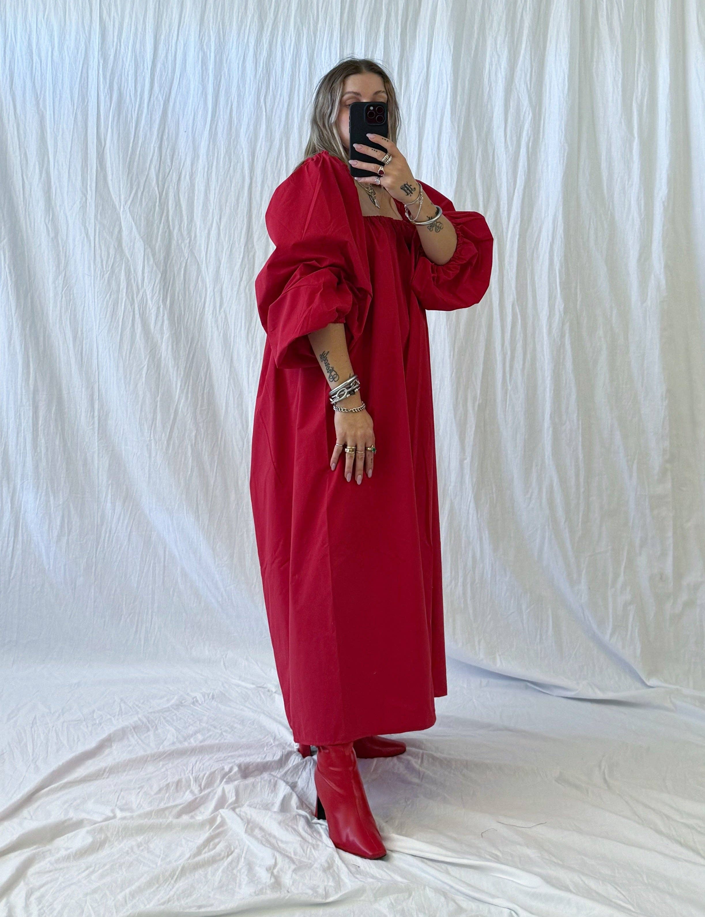 handmade maxi dress, recycled fabric dress, sustainable clothing, natural fiber dress, plus size dress, wedding guest dress, johnson city dress, johnson city boutique, made in oregon, woman owned business, red dress, fourth of july dress, maternity dress, memorial day dress, red flowy dress, off shoulder dress