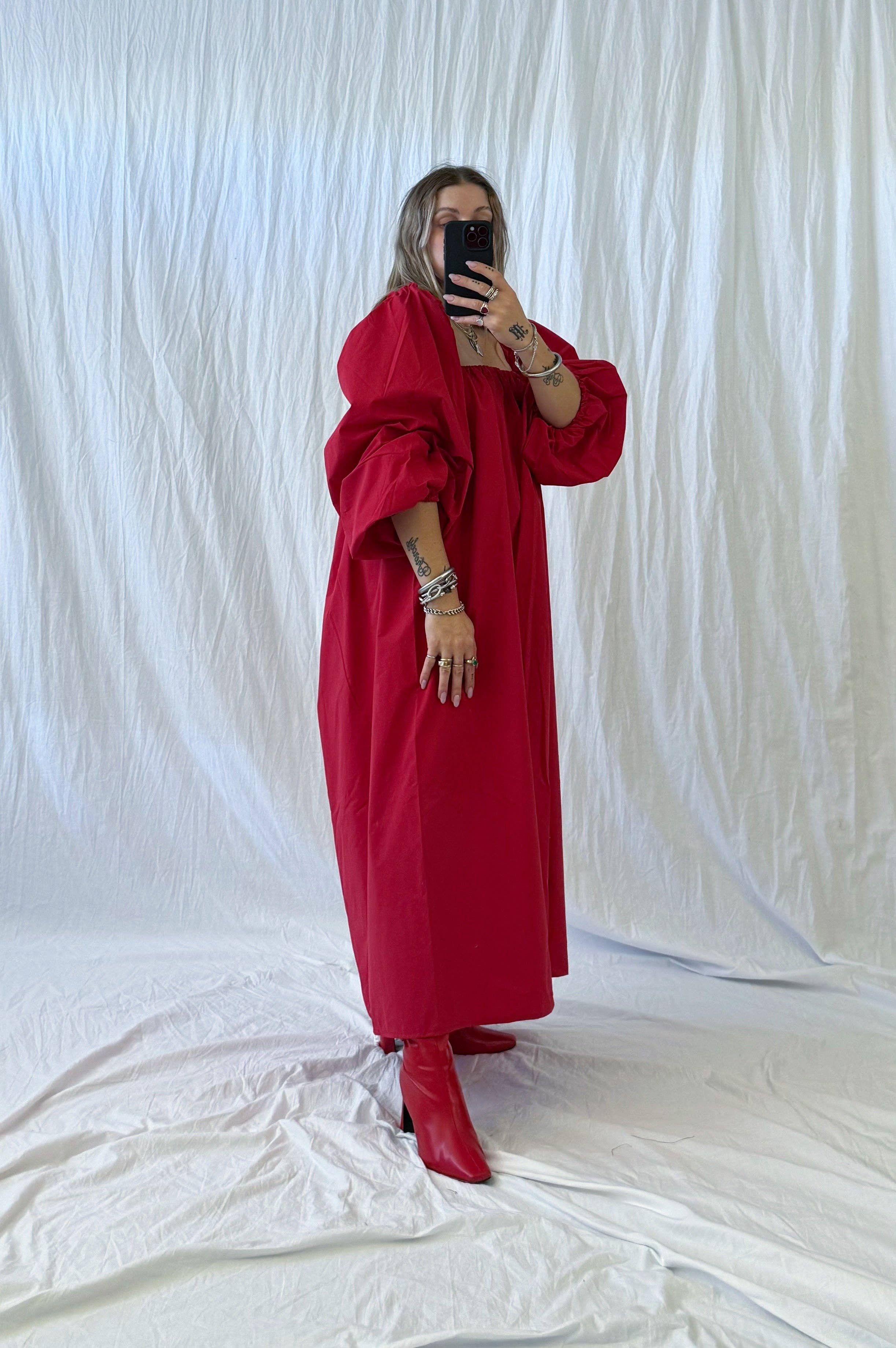 handmade maxi dress, recycled fabric dress, sustainable clothing, natural fiber dress, plus size dress, wedding guest dress, johnson city dress, johnson city boutique, made in oregon, woman owned business, red dress, fourth of july dress, maternity dress, memorial day dress, red flowy dress, off shoulder dress