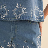 embroidered denim shorts
chambray embroidered shorts
high rise denim shorts
floral embroidered shorts
blue embroidered shorts
matching denim set
embroidered summer shorts
americana summer outfit
boutique denim shorts
lightweight chambray shorts
county fair outfit
southern summer style
women's embroidered shorts
casual summer bottoms
denim festival outfit