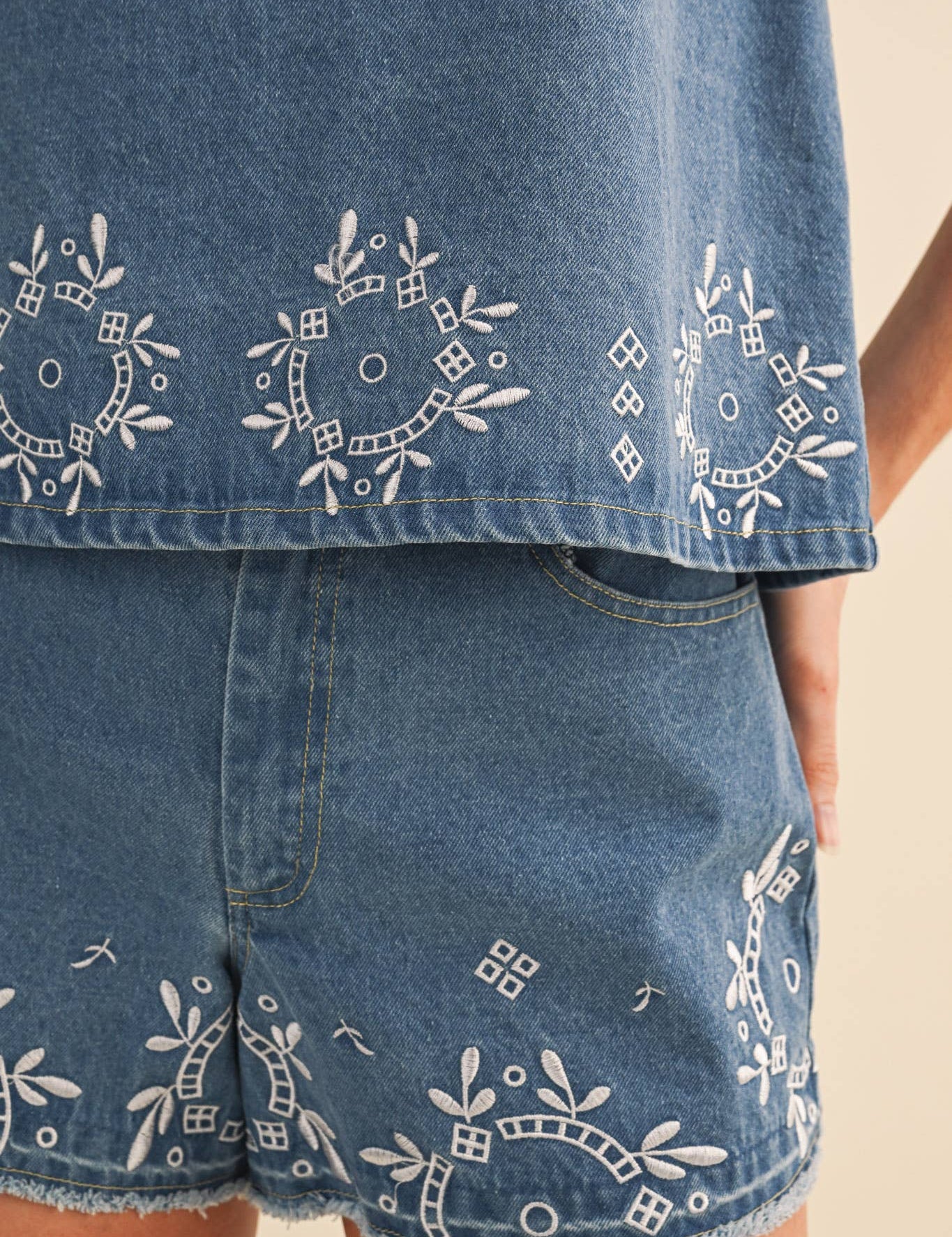 embroidered denim shorts
chambray embroidered shorts
high rise denim shorts
floral embroidered shorts
blue embroidered shorts
matching denim set
embroidered summer shorts
americana summer outfit
boutique denim shorts
lightweight chambray shorts
county fair outfit
southern summer style
women's embroidered shorts
casual summer bottoms
denim festival outfit