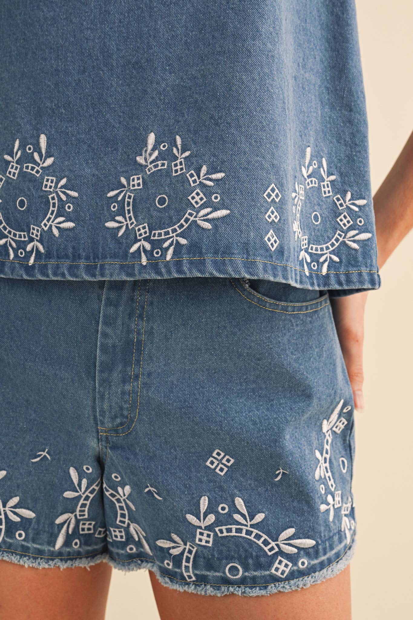 embroidered denim shorts
chambray embroidered shorts
high rise denim shorts
floral embroidered shorts
blue embroidered shorts
matching denim set
embroidered summer shorts
americana summer outfit
boutique denim shorts
lightweight chambray shorts
county fair outfit
southern summer style
women's embroidered shorts
casual summer bottoms
denim festival outfit