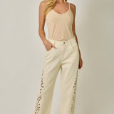 eyelet jeans, straight leg mom jeans, cream denim jeans women, embroidered spring jeans