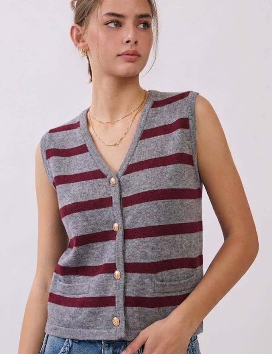striped sweater vest, button front sweater vest, women's sweater vest, gray striped knit vest, burgundy striped sweater vest, preppy sweater vest, collegiate style knit vest, fall layering piece, women's boutique sweater, west of may boutique, plus size, inclusive sizing