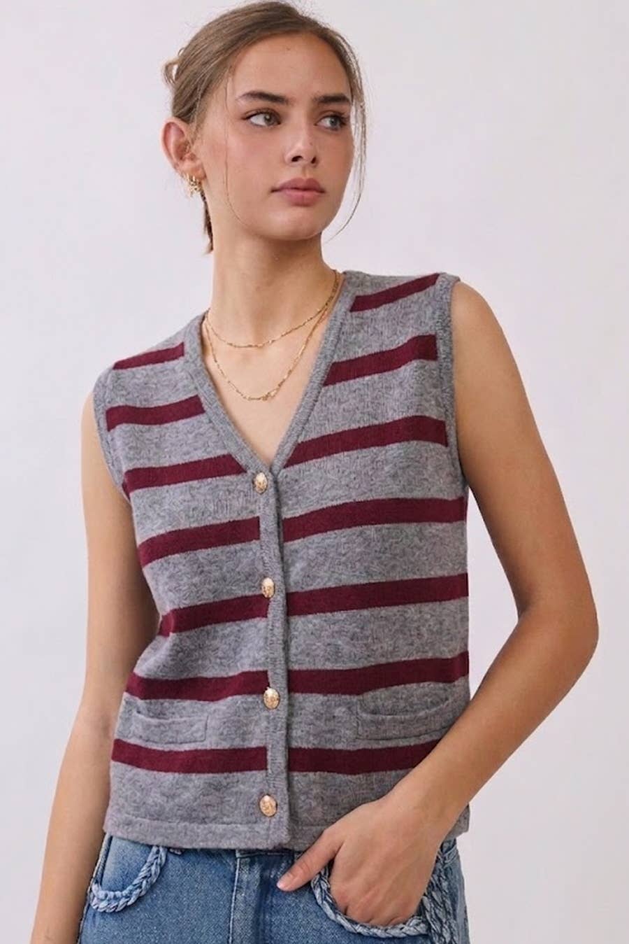 striped sweater vest, button front sweater vest, women's sweater vest, gray striped knit vest, burgundy striped sweater vest, preppy sweater vest, collegiate style knit vest, fall layering piece, women's boutique sweater, west of may boutique, plus size, inclusive sizing