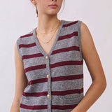 striped sweater vest, button front sweater vest, women's sweater vest, gray striped knit vest, burgundy striped sweater vest, preppy sweater vest, collegiate style knit vest, fall layering piece, women's boutique sweater, west of may boutique, plus size, inclusive sizing