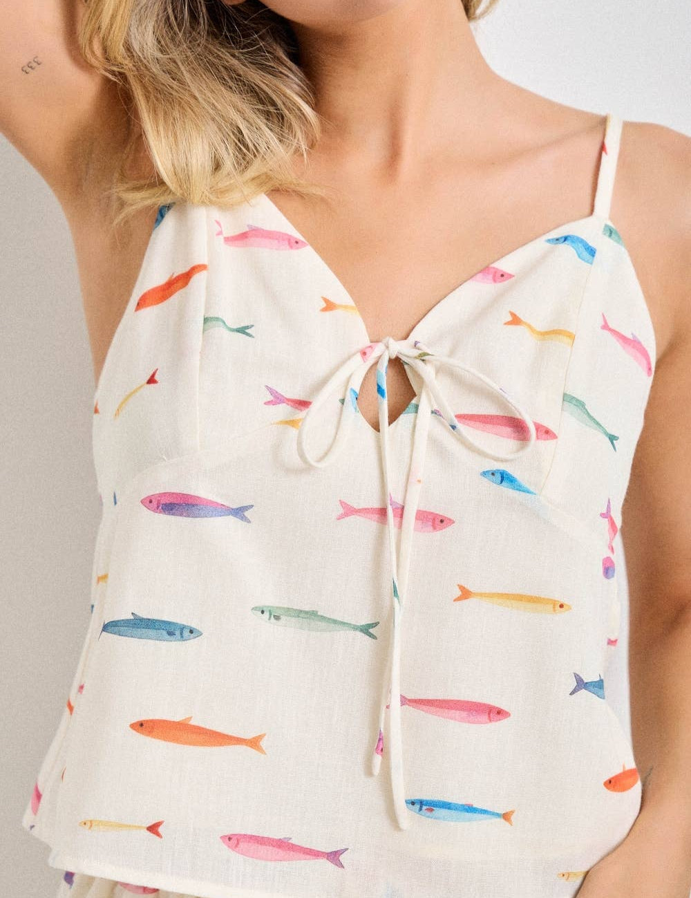 fish print camisole women
colorful coastal print tank top
beach vacation camisole women
matching set fish print top
playful summer camisole women
adjustable strap tank top
v neck printed summer top
coastal novelty print blouse
plus size summer matching set
summer spritz collection top