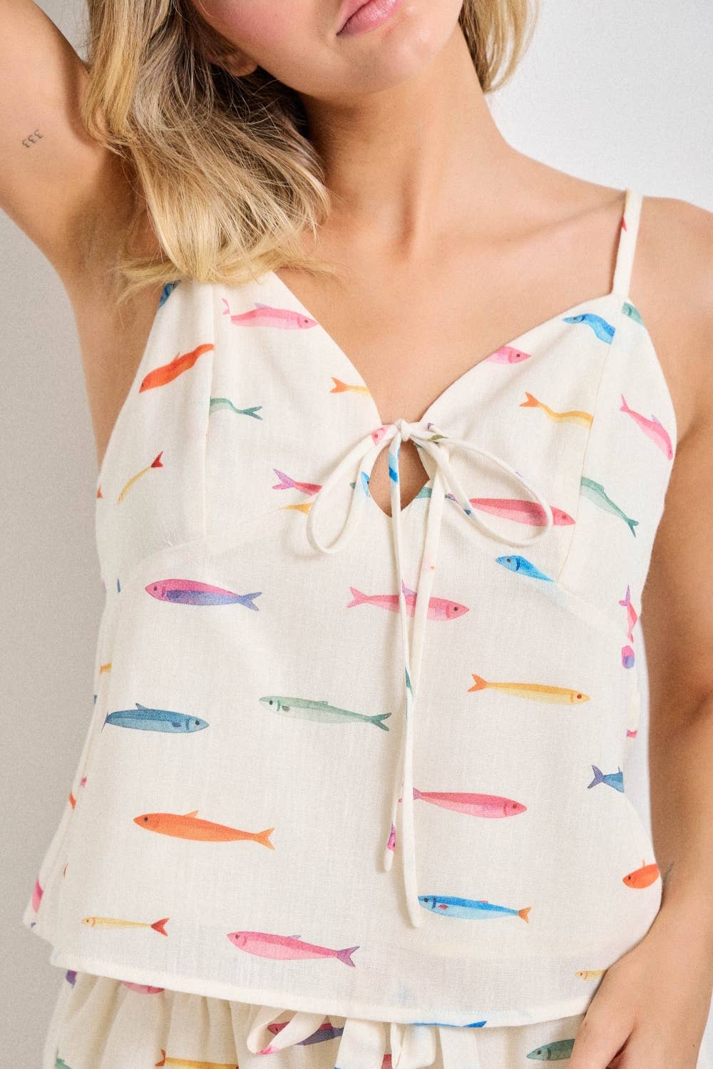 fish print camisole women
colorful coastal print tank top
beach vacation camisole women
matching set fish print top
playful summer camisole women
adjustable strap tank top
v neck printed summer top
coastal novelty print blouse
plus size summer matching set
summer spritz collection top