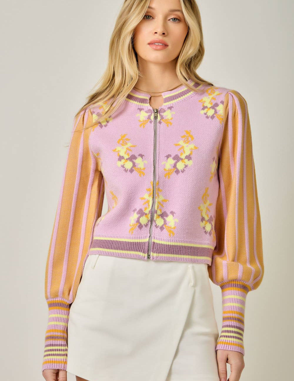 floral knit cardigan, lilac cardigan sweater, zip front cardigan women, spring lightweight cardigan