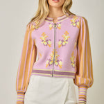 floral knit cardigan, lilac cardigan sweater, zip front cardigan women, spring lightweight cardigan