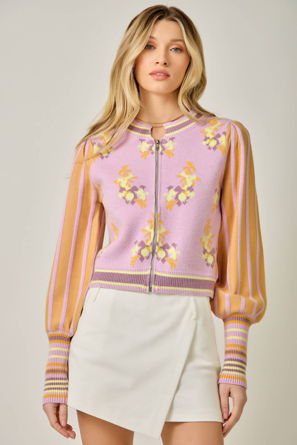 floral knit cardigan, lilac cardigan sweater, zip front cardigan women, spring lightweight cardigan