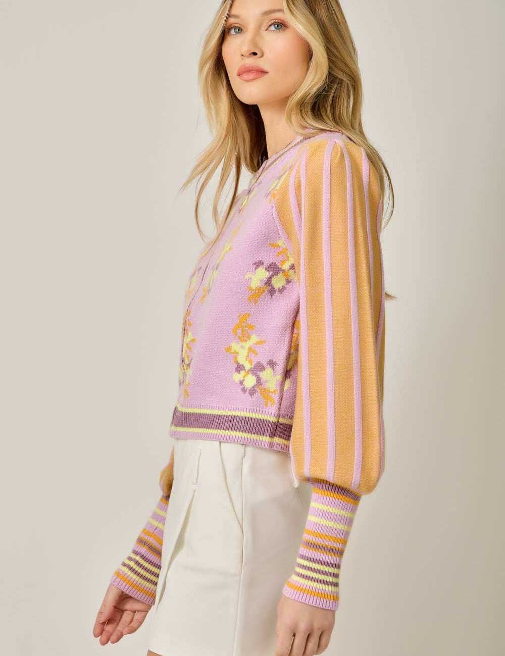 floral knit cardigan, lilac cardigan sweater, zip front cardigan women, spring lightweight cardigan