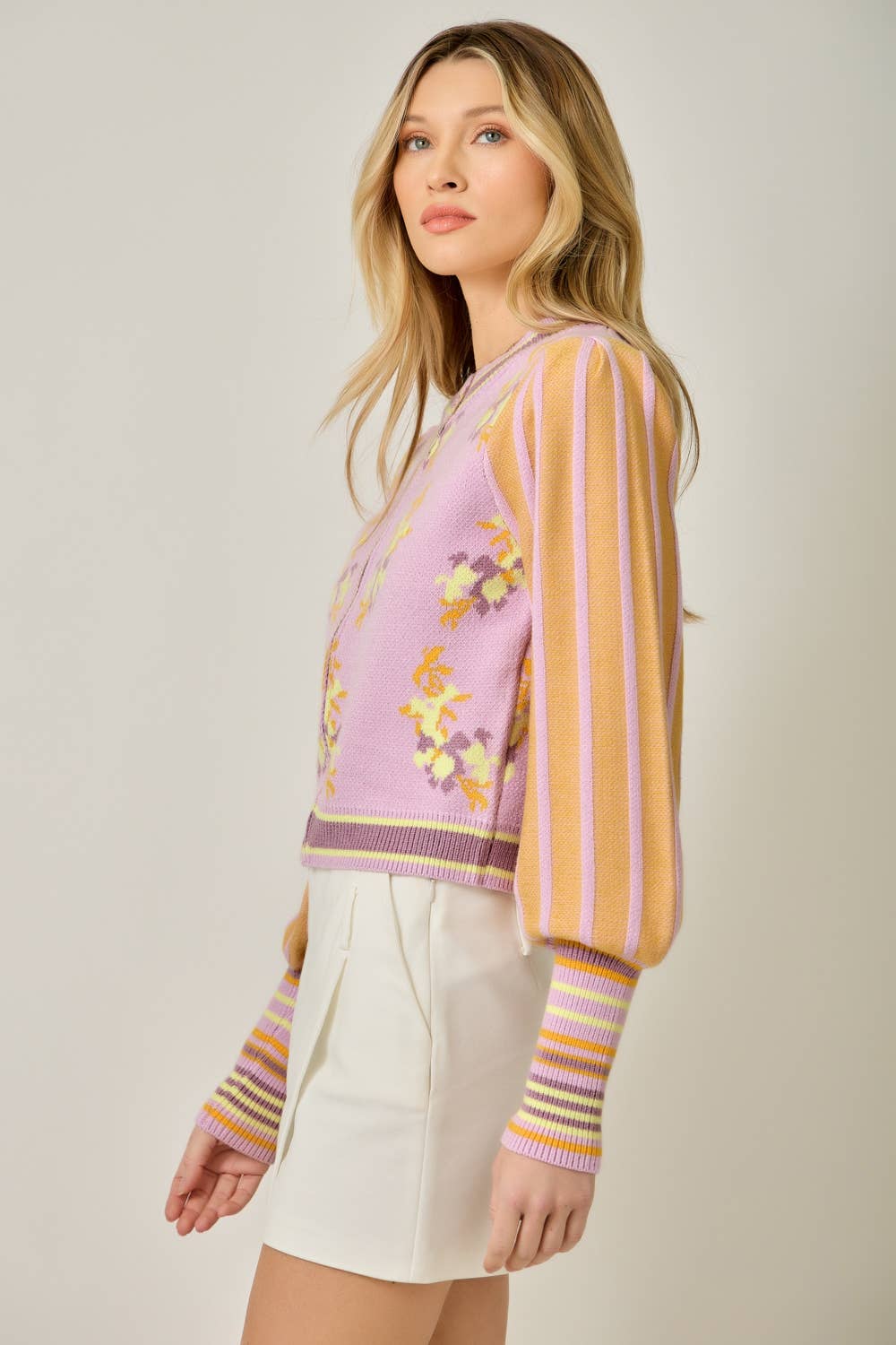 floral knit cardigan, lilac cardigan sweater, zip front cardigan women, spring lightweight cardigan