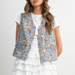 floral tie-front vest, cotton floral vest, women's floral vest, blue floral vest, tie-front vest, cottagecore vest, vintage inspired vest, layering vest, sleeveless floral top, fall layering piece, women's boutique vest, west of may boutique