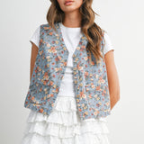floral tie-front vest, cotton floral vest, women's floral vest, blue floral vest, tie-front vest, cottagecore vest, vintage inspired vest, layering vest, sleeveless floral top, fall layering piece, women's boutique vest, west of may boutique