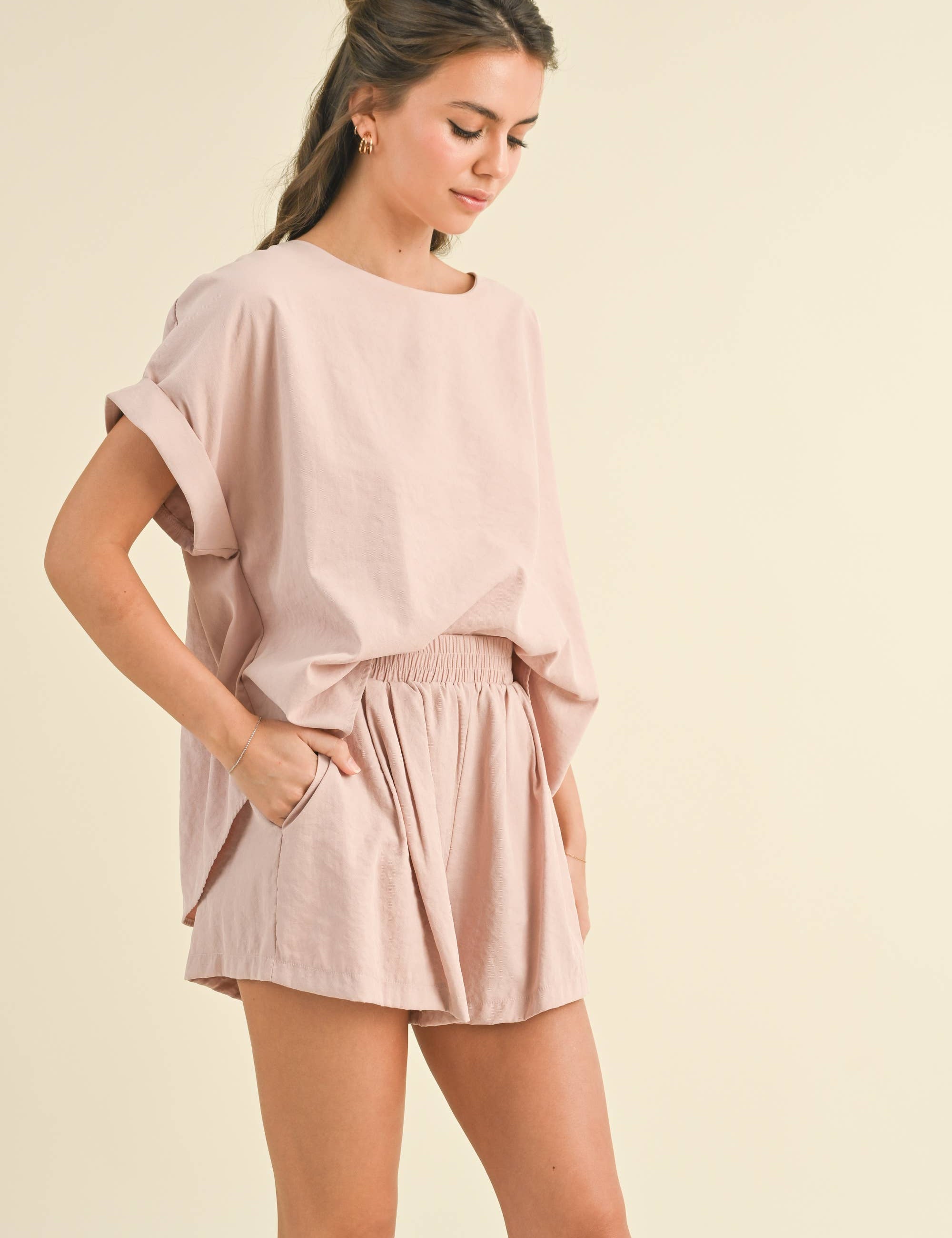 blush pink elastic waist shorts
matching set shorts
summer pull on shorts
shorts with pockets
relaxed fit shorts women
comfortable everyday shorts
mom friendly shorts
boutique summer shorts
west of may shorts