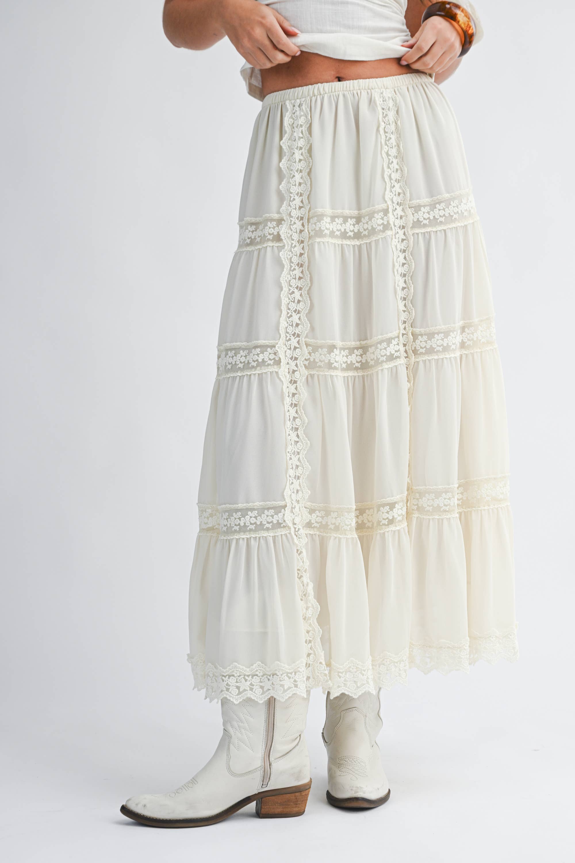 lace maxi skirt, white boho skirt, tiered lace skirt, flowy spring maxi skirt