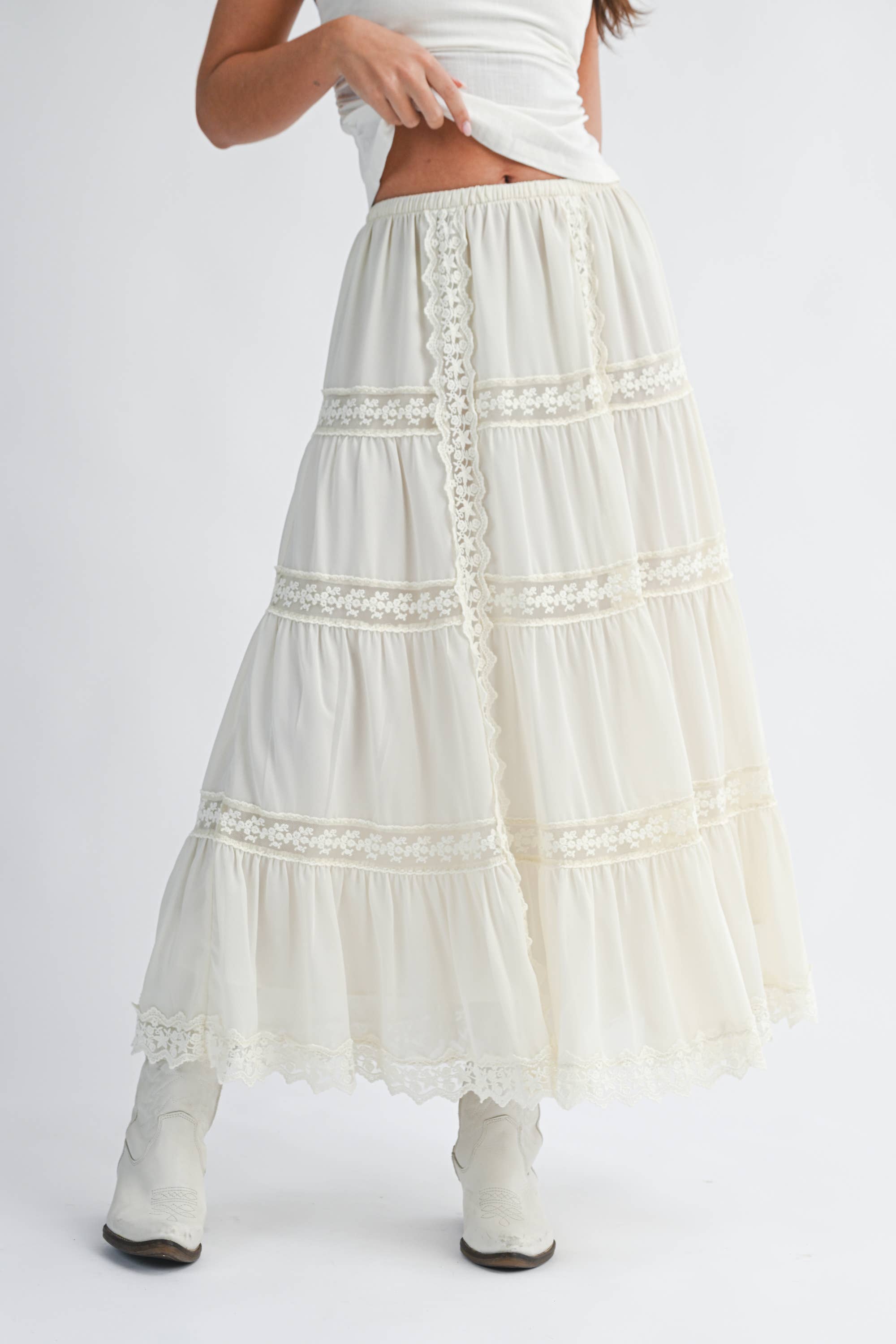 lace maxi skirt, white boho skirt, tiered lace skirt, flowy spring maxi skirt
