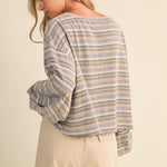 oversized striped boat neck pullover, lightweight striped long sleeve top, relaxed oversized sweatshirt, muted stripe knit top, cozy travel pullover, casual oversized blouse, women's striped fall top, comfortable airport outfit, Appalachian style clothing, West of May boutique