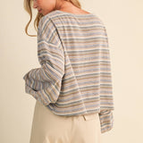 oversized striped boat neck pullover, lightweight striped long sleeve top, relaxed oversized sweatshirt, muted stripe knit top, cozy travel pullover, casual oversized blouse, women's striped fall top, comfortable airport outfit, Appalachian style clothing, West of May boutique