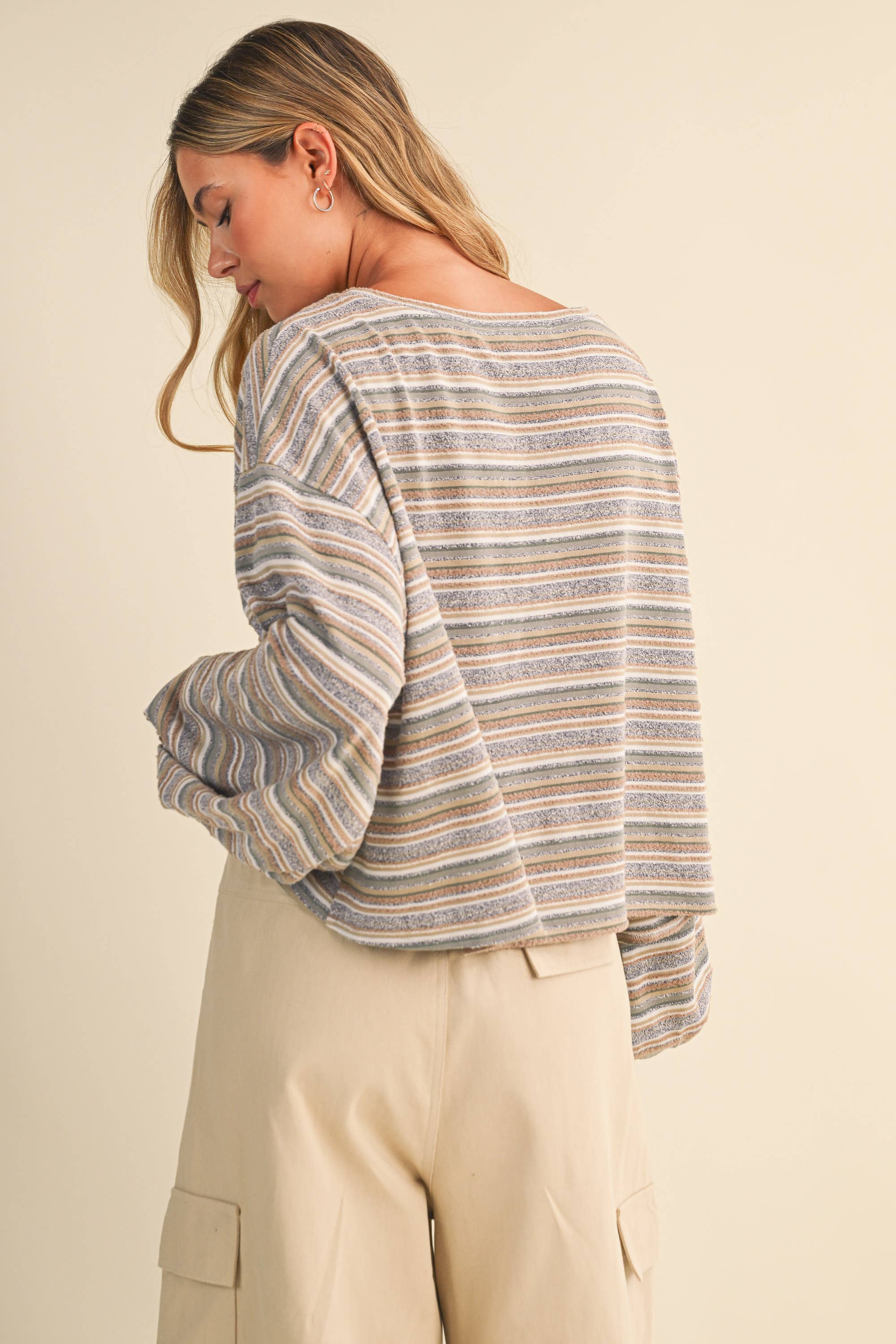 oversized striped boat neck pullover, lightweight striped long sleeve top, relaxed oversized sweatshirt, muted stripe knit top, cozy travel pullover, casual oversized blouse, women's striped fall top, comfortable airport outfit, Appalachian style clothing, West of May boutique
