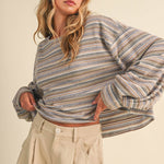oversized striped boat neck pullover, lightweight striped long sleeve top, relaxed oversized sweatshirt, muted stripe knit top, cozy travel pullover, casual oversized blouse, women's striped fall top, comfortable airport outfit, Appalachian style clothing, West of May boutique