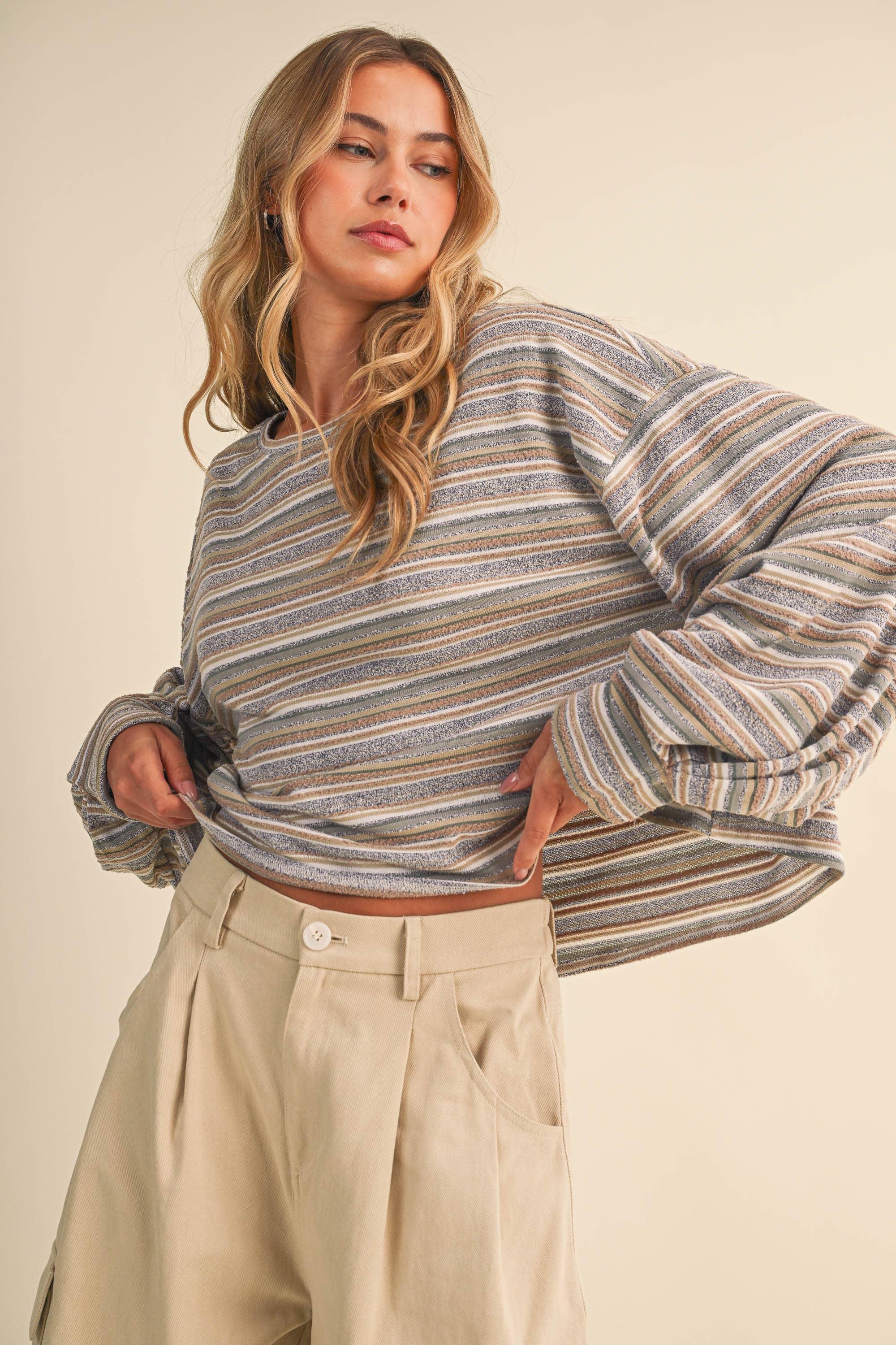 oversized striped boat neck pullover, lightweight striped long sleeve top, relaxed oversized sweatshirt, muted stripe knit top, cozy travel pullover, casual oversized blouse, women's striped fall top, comfortable airport outfit, Appalachian style clothing, West of May boutique