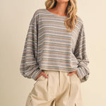 oversized striped boat neck pullover, lightweight striped long sleeve top, relaxed oversized sweatshirt, muted stripe knit top, cozy travel pullover, casual oversized blouse, women's striped fall top, comfortable airport outfit, Appalachian style clothing, West of May boutique