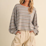 oversized striped boat neck pullover, lightweight striped long sleeve top, relaxed oversized sweatshirt, muted stripe knit top, cozy travel pullover, casual oversized blouse, women's striped fall top, comfortable airport outfit, Appalachian style clothing, West of May boutique