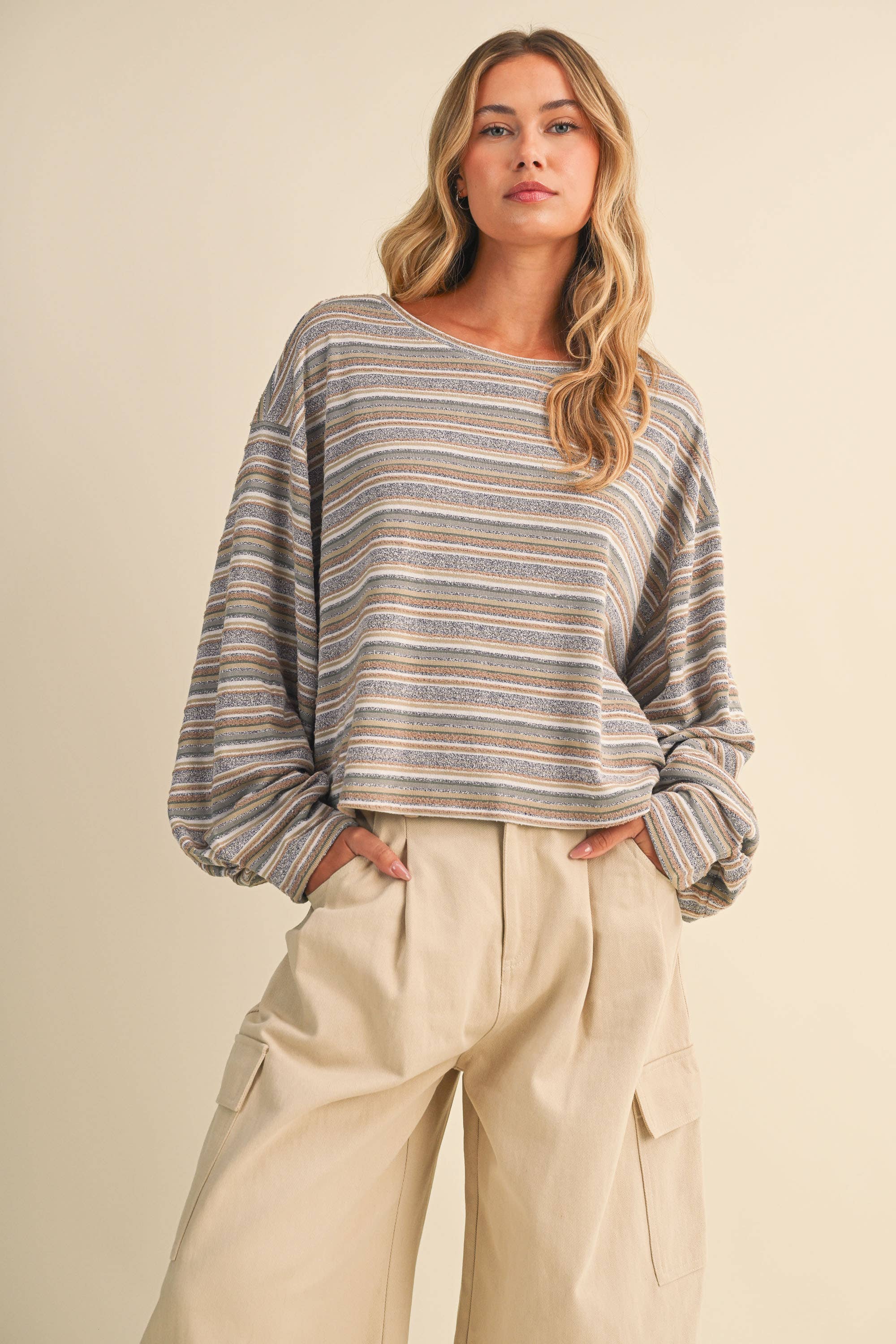 oversized striped boat neck pullover, lightweight striped long sleeve top, relaxed oversized sweatshirt, muted stripe knit top, cozy travel pullover, casual oversized blouse, women's striped fall top, comfortable airport outfit, Appalachian style clothing, West of May boutique