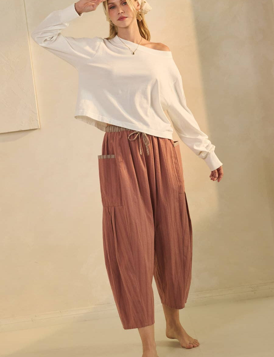 textured cropped utility pants, barrel leg pants, drawstring cotton pants, oversized pocket pants, relaxed fit cropped pants, women's fall pants, casual boutique bottoms, utility pants, west of may boutique