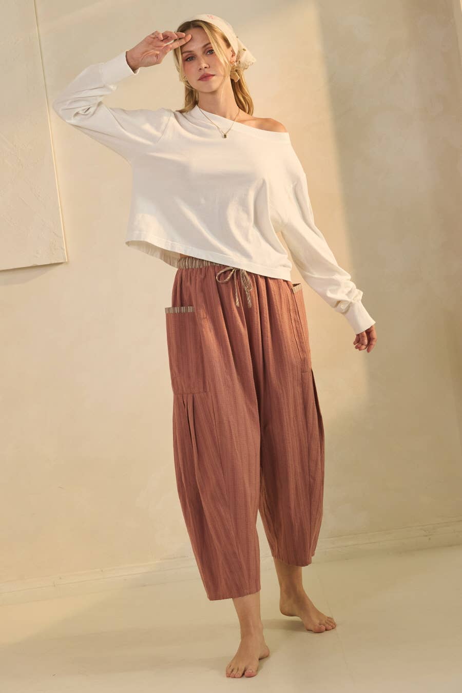 textured cropped utility pants, barrel leg pants, drawstring cotton pants, oversized pocket pants, relaxed fit cropped pants, women's fall pants, casual boutique bottoms, utility pants, west of may boutique
