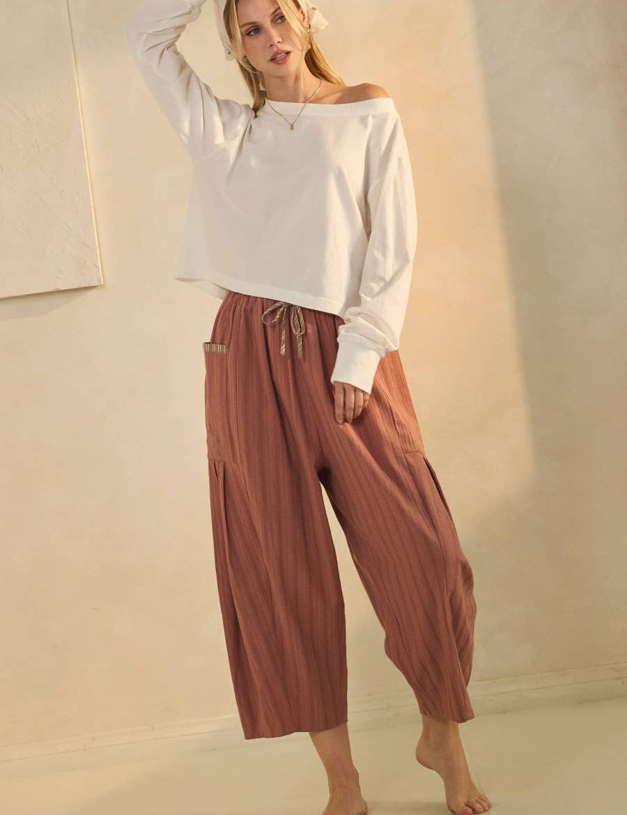 textured cropped utility pants, barrel leg pants, drawstring cotton pants, oversized pocket pants, relaxed fit cropped pants, women's fall pants, casual boutique bottoms, utility pants, west of may boutique