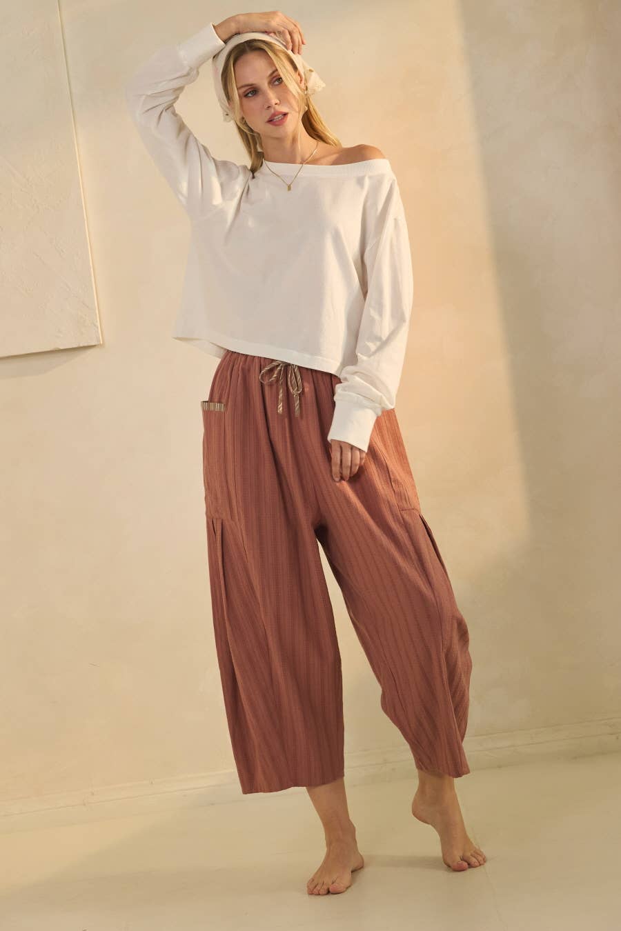 textured cropped utility pants, barrel leg pants, drawstring cotton pants, oversized pocket pants, relaxed fit cropped pants, women's fall pants, casual boutique bottoms, utility pants, west of may boutique