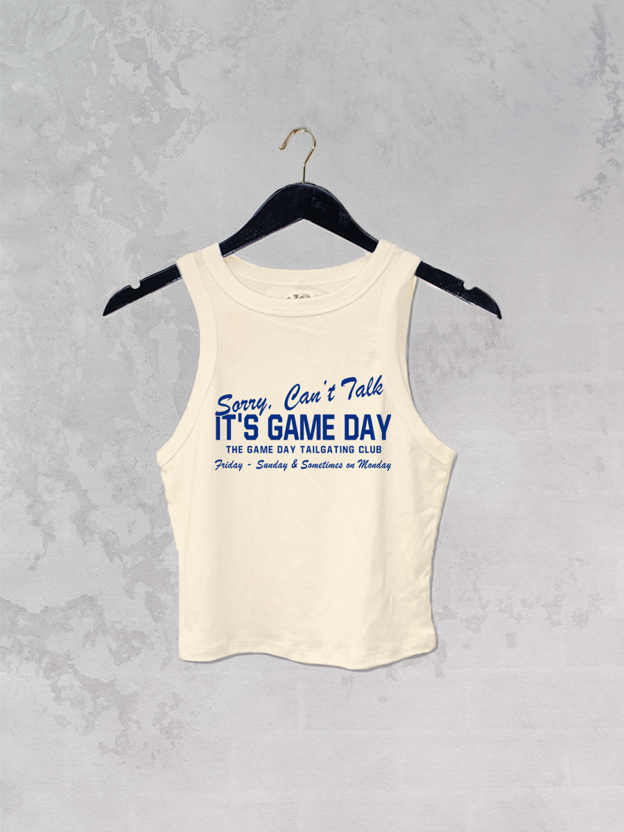 sorry can't talk it's game day tank, etsu game day tank, blue and gold game day top, vintage college graphic tank, micro ribbed baby tank, football tailgate outfit, women's game day apparel, east tennessee state university inspired shirt, boutique game day clothing, west of may boutique