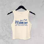 sorry can't talk it's game day tank, etsu game day tank, blue and gold game day top, vintage college graphic tank, micro ribbed baby tank, football tailgate outfit, women's game day apparel, east tennessee state university inspired shirt, boutique game day clothing, west of may boutique