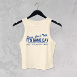 sorry can't talk it's game day tank, etsu game day tank, blue and gold game day top, vintage college graphic tank, micro ribbed baby tank, football tailgate outfit, women's game day apparel, east tennessee state university inspired shirt, boutique game day clothing, west of may boutique