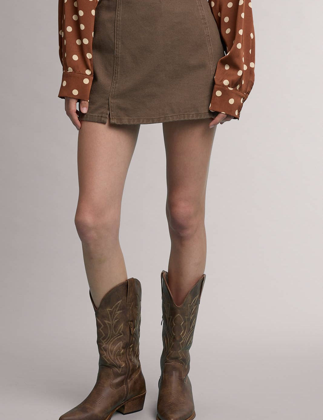 rown denim mini skirt, western mini skirt, high waisted denim skirt, cotton denim skirt, brown jean skirt, fall mini skirt, western skirt, cowgirl skirt, fitted mini skirt, front slit mini skirt
