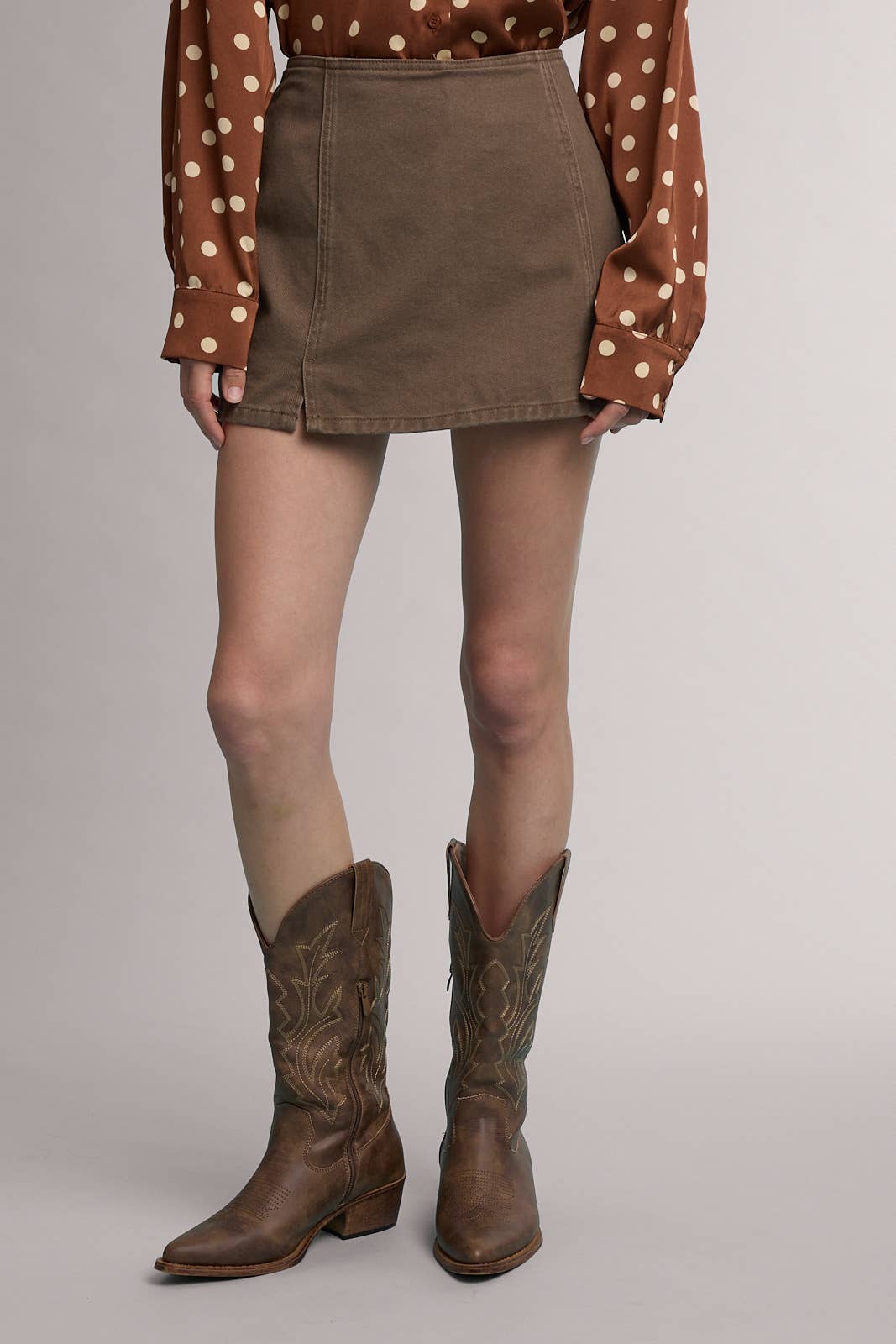 rown denim mini skirt, western mini skirt, high waisted denim skirt, cotton denim skirt, brown jean skirt, fall mini skirt, western skirt, cowgirl skirt, fitted mini skirt, front slit mini skirt