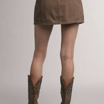 rown denim mini skirt, western mini skirt, high waisted denim skirt, cotton denim skirt, brown jean skirt, fall mini skirt, western skirt, cowgirl skirt, fitted mini skirt, front slit mini skirt