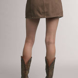 rown denim mini skirt, western mini skirt, high waisted denim skirt, cotton denim skirt, brown jean skirt, fall mini skirt, western skirt, cowgirl skirt, fitted mini skirt, front slit mini skirt