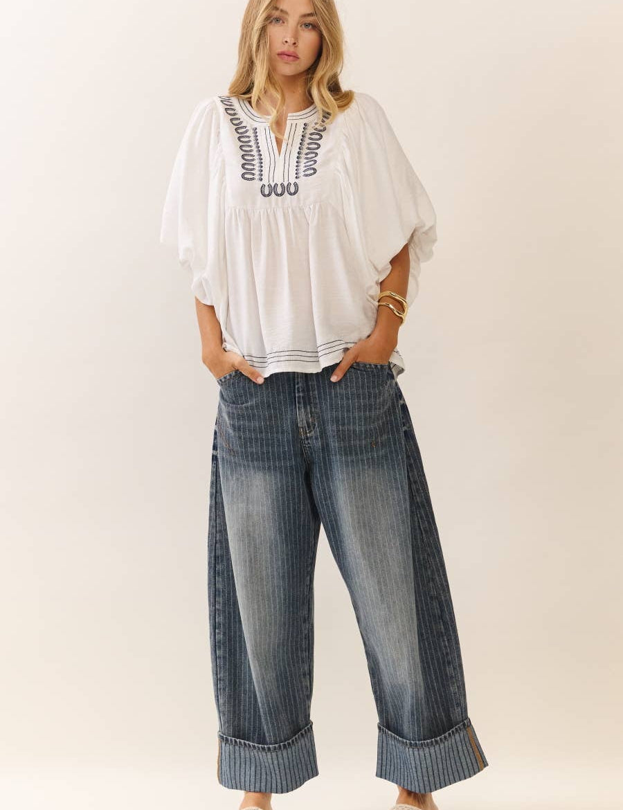cuffed barrel jeans, striped cuff jeans, ankle length barrel jeans, relaxed fit denim, high rise barrel jeans, cuffed wide leg jeans, boutique denim, women's fall jeans, west of may boutique, free people dupe, boho aesthetic