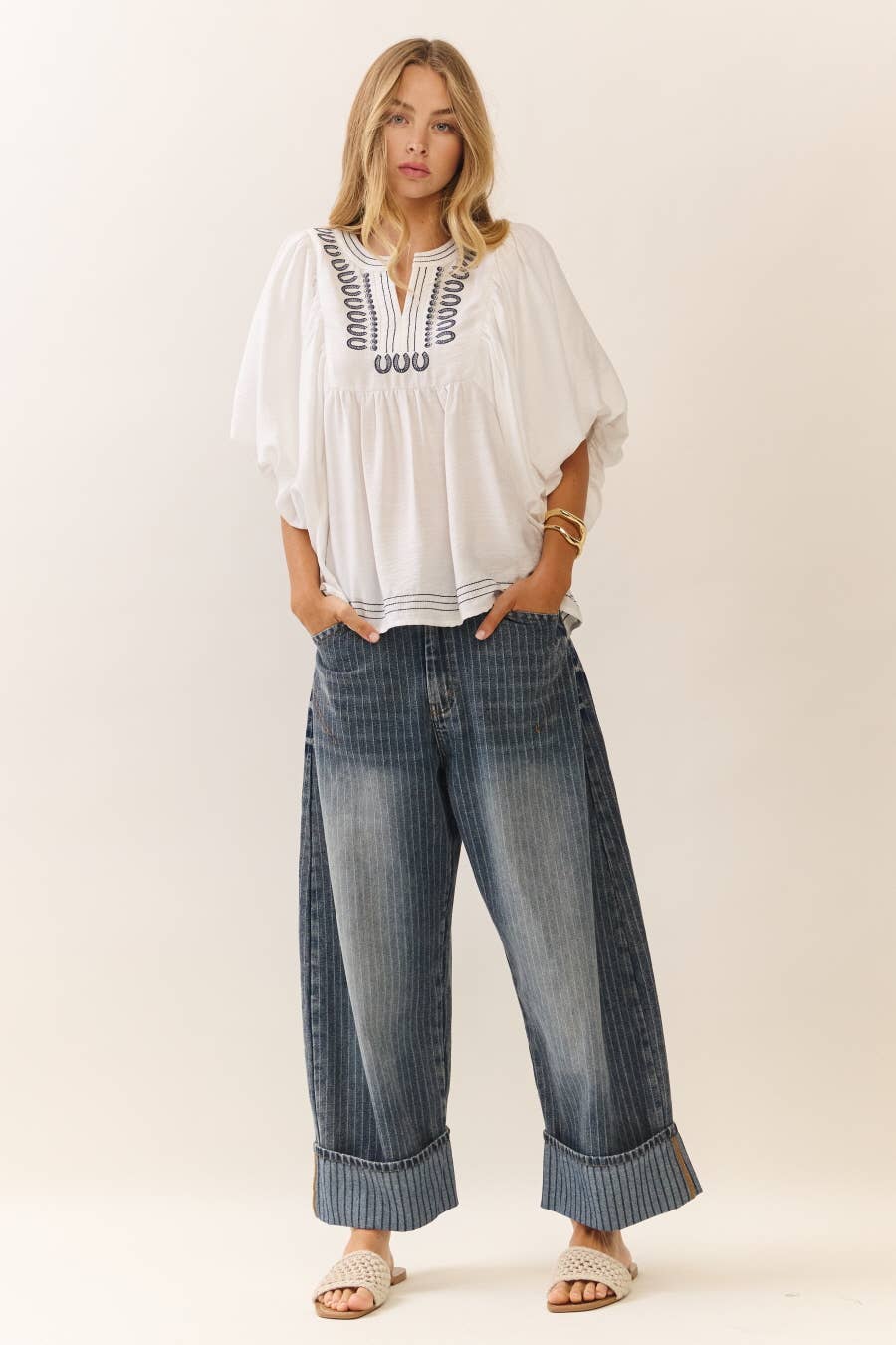 cuffed barrel jeans, striped cuff jeans, ankle length barrel jeans, relaxed fit denim, high rise barrel jeans, cuffed wide leg jeans, boutique denim, women's fall jeans, west of may boutique, free people dupe, boho aesthetic