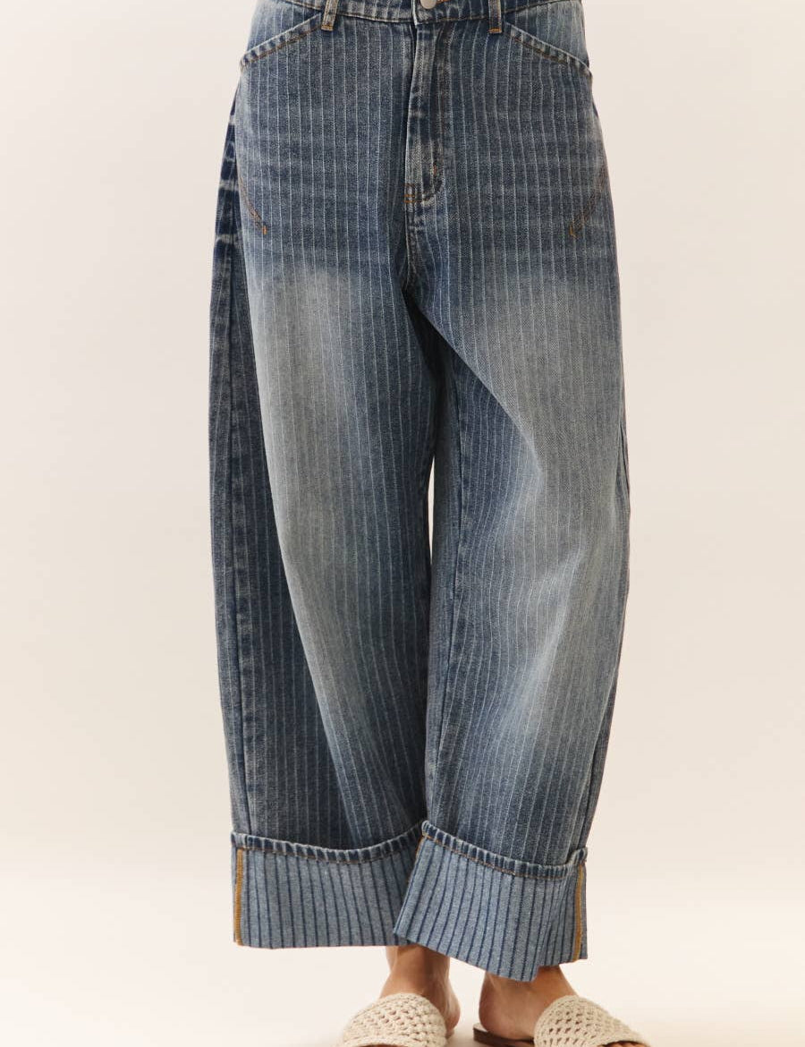 cuffed barrel jeans, striped cuff jeans, ankle length barrel jeans, relaxed fit denim, high rise barrel jeans, cuffed wide leg jeans, boutique denim, women's fall jeans, west of may boutique, free people dupe, boho aesthetic, plus size jeans