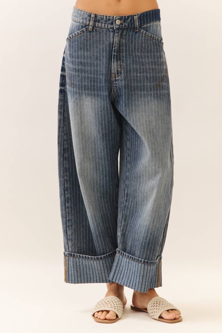 cuffed barrel jeans, striped cuff jeans, ankle length barrel jeans, relaxed fit denim, high rise barrel jeans, cuffed wide leg jeans, boutique denim, women's fall jeans, west of may boutique, free people dupe, boho aesthetic, plus size jeans