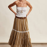 embroidered maxi skirt, boho maxi skirt, brown embroidered skirt, tiered maxi skirt, drawstring waist skirt, lined boho skirt, lace trim maxi skirt, western inspired skirt, flowy embroidered skirt, fall maxi skirt
