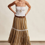 embroidered maxi skirt, boho maxi skirt, brown embroidered skirt, tiered maxi skirt, drawstring waist skirt, lined boho skirt, lace trim maxi skirt, western inspired skirt, flowy embroidered skirt, fall maxi skirt